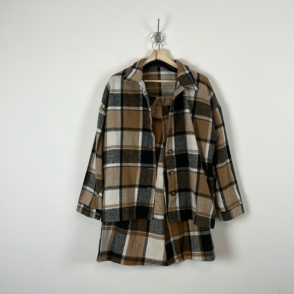 Womens L High Waist A Line Plaid Skirt Set Long Sleeve Button Down 2 Pocket Top